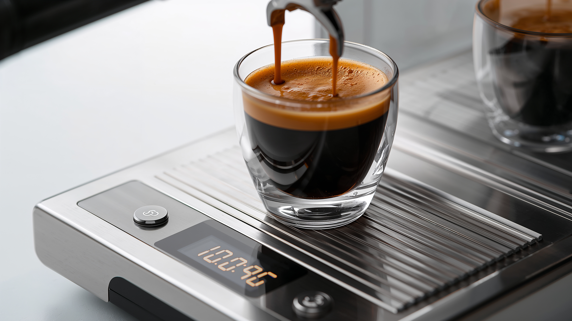 엔지니어가 바텀리스 포터필터로 추출 양상을 관찰하는 모습